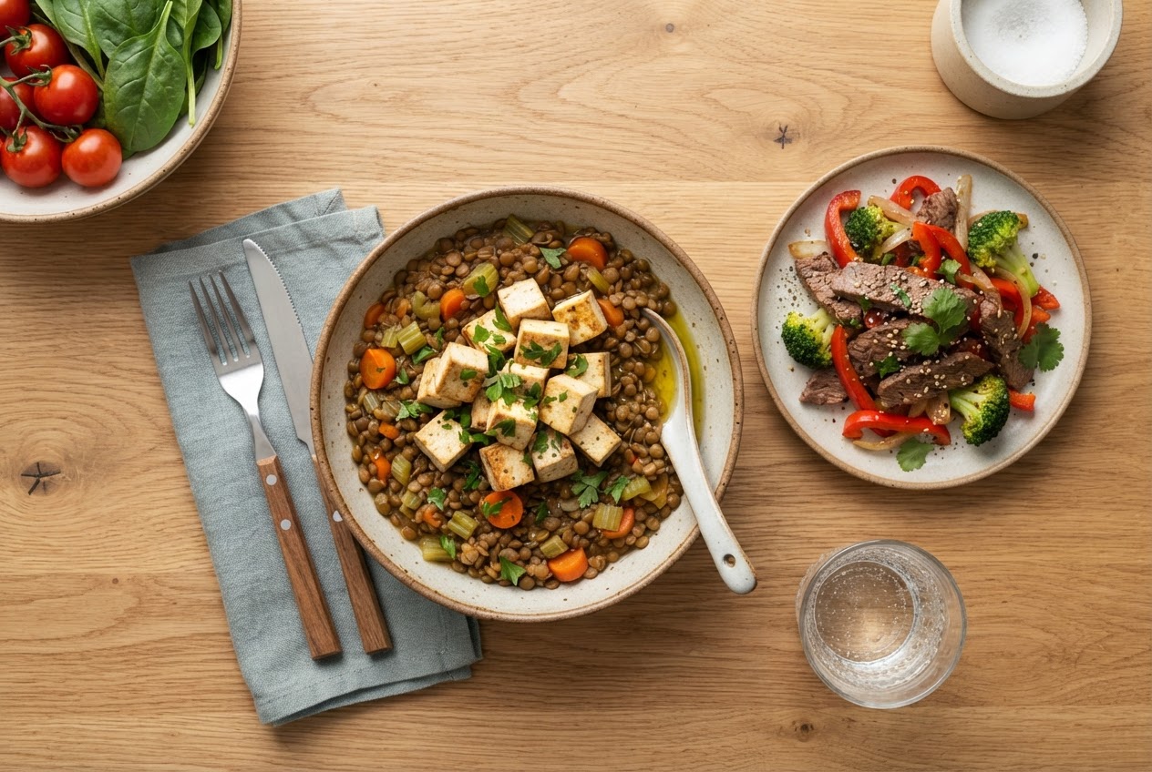 Pestré zdroje železa: šošovica, tofu, mäso a zelenina