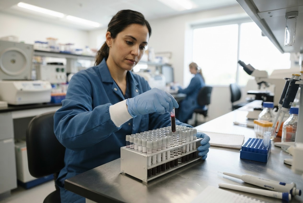 Laboratórne skúmavky pripravené na vyšetrenie krvi