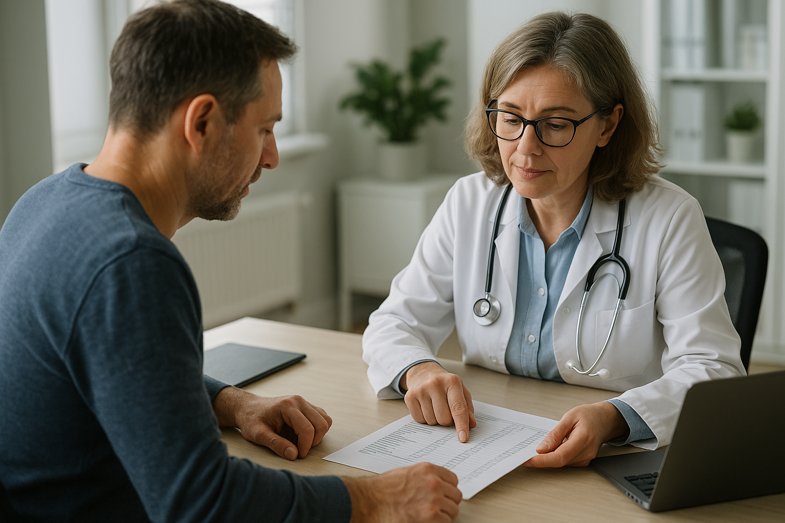 Lekár vysvetľuje pacientovi výsledky krvných testov pri podozrení na inzulínovú rezistenciu.