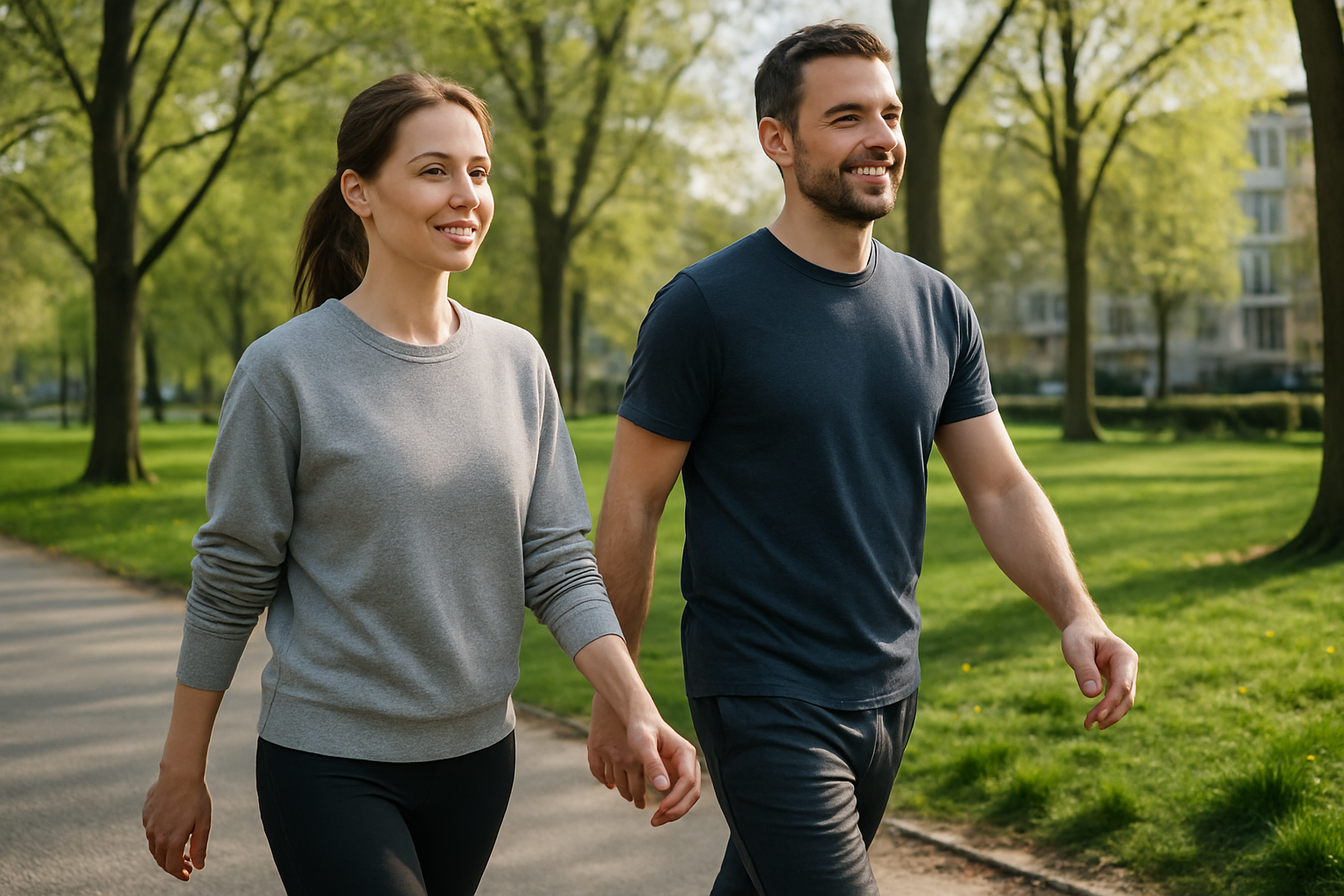 Dvojica ľudí ide svižnou chôdzou po parku ako súčasť zmeny životného štýlu pri inzulínovej rezistencii.