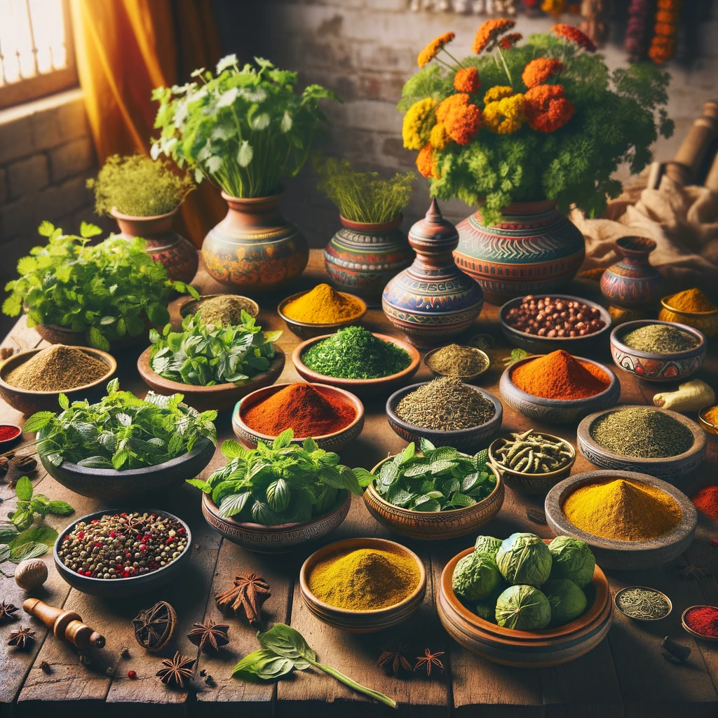 V indickej kuchyni hrajú centrálne úlohu rôzne bylinky a koreniny, vrátane koriandra, mäty a bazalky svätej (tulsi), ktoré sú dôležité nielen pre chuť jedál, ale aj pre ich ayurvédske vlastnosti.
